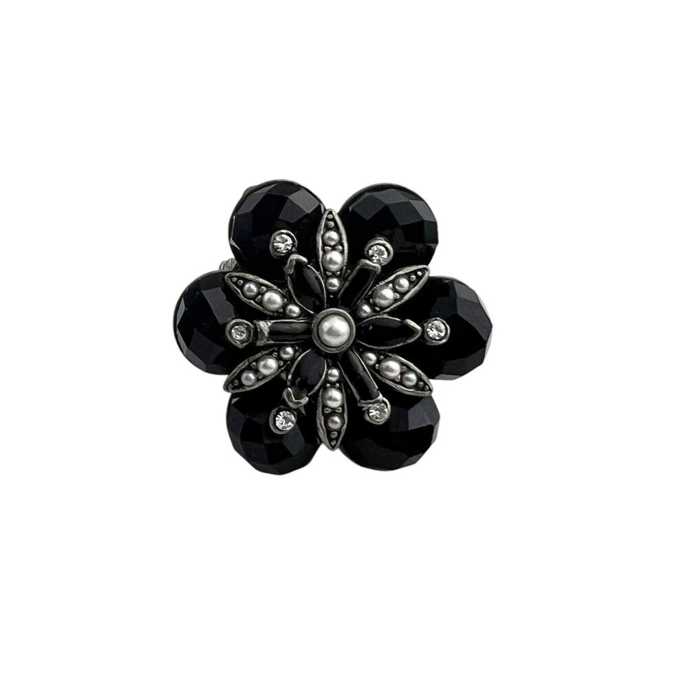 Ollipop USA Adjustable Ring Silver Tone Black Flower